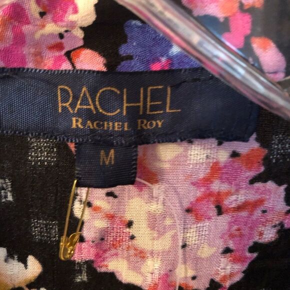 RACHEL ROY SIZE MEDIUM NWOT BLACK FLORAL CROPPED BUTTON FRONT PEASANT BOHO TOP - Picture 9 of 10